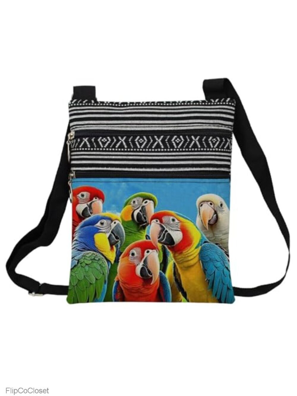 Polyester Crossbody Bag Parrot Print Adjustable Strap Small Zip Sling Purse